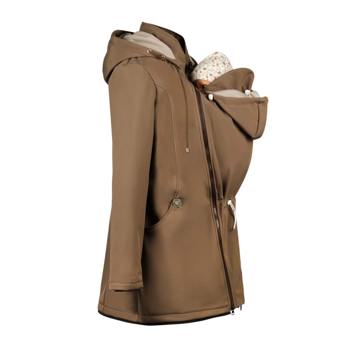 Baby Tragejacke aus Softshell Mellory in Taupe, A-Linie, Seitenansicht