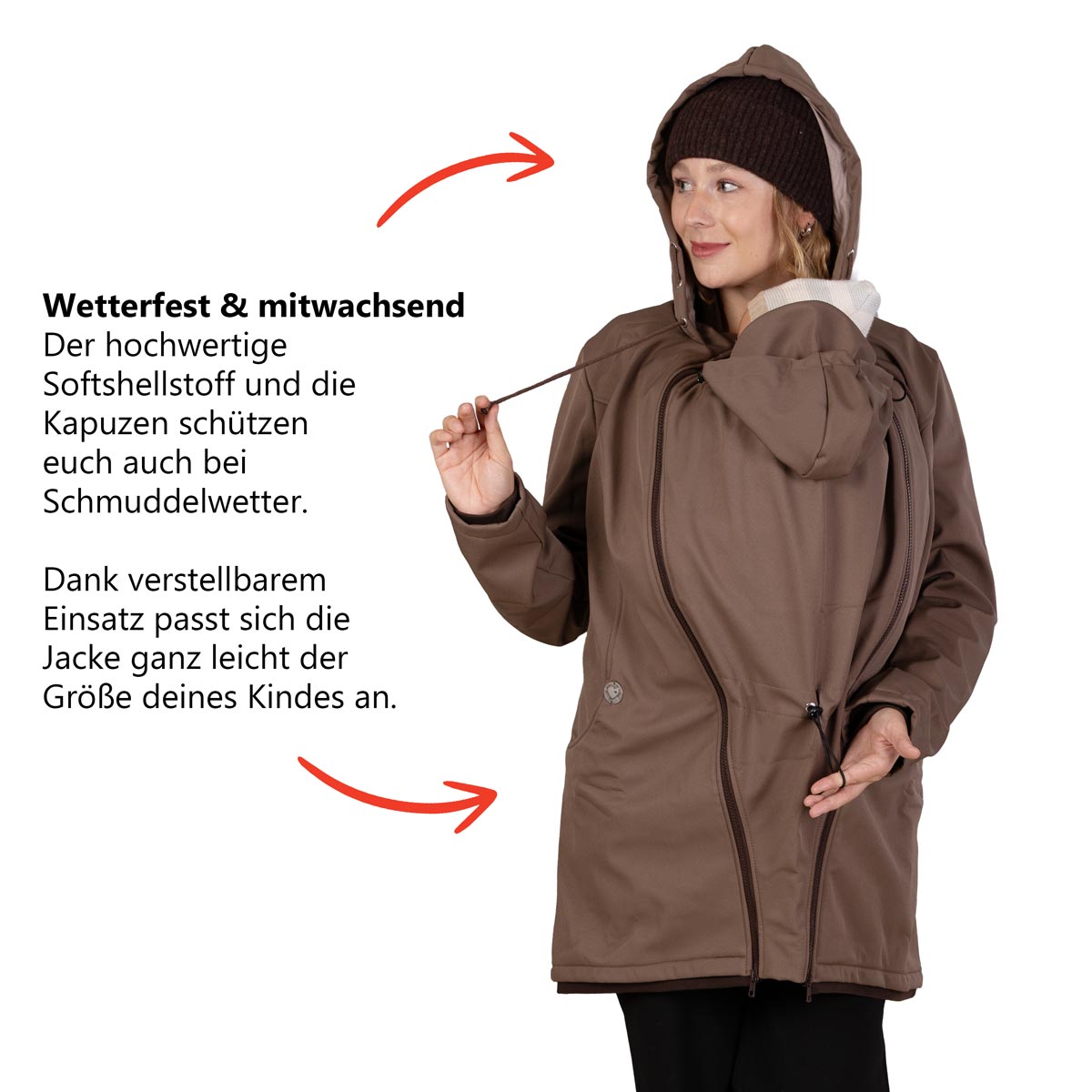 Baby Tragemantel mit Kapuze Umstandsjacke Softshell Taupe
