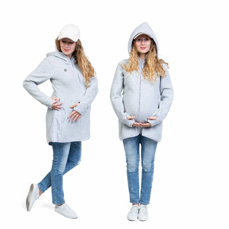 4in1 Babywearing fleece jacket JANKO in light-grey - pregnant model wears jacket with side zips open - on the left side view and on the right with hood on and front view