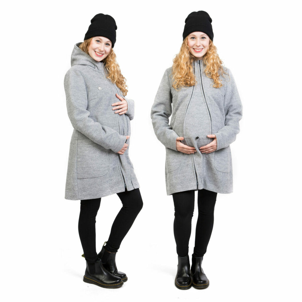 4in1 Winter Umstands Tragemantel VALENTIN PLUS in hellgrau - schwangeres Model trägt Mantel mit Schwangerschaftseinsatz - links in Seitenansicht und rechts Ansicht von vorn