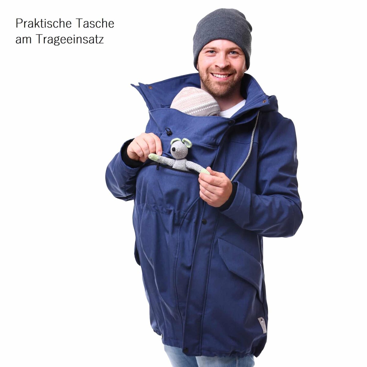 Männer Parka jeansblau PROTECTIS Mantel zum Babytragen Tragemantel aus Softshell Allwetter Tragejacke Viva la Mama