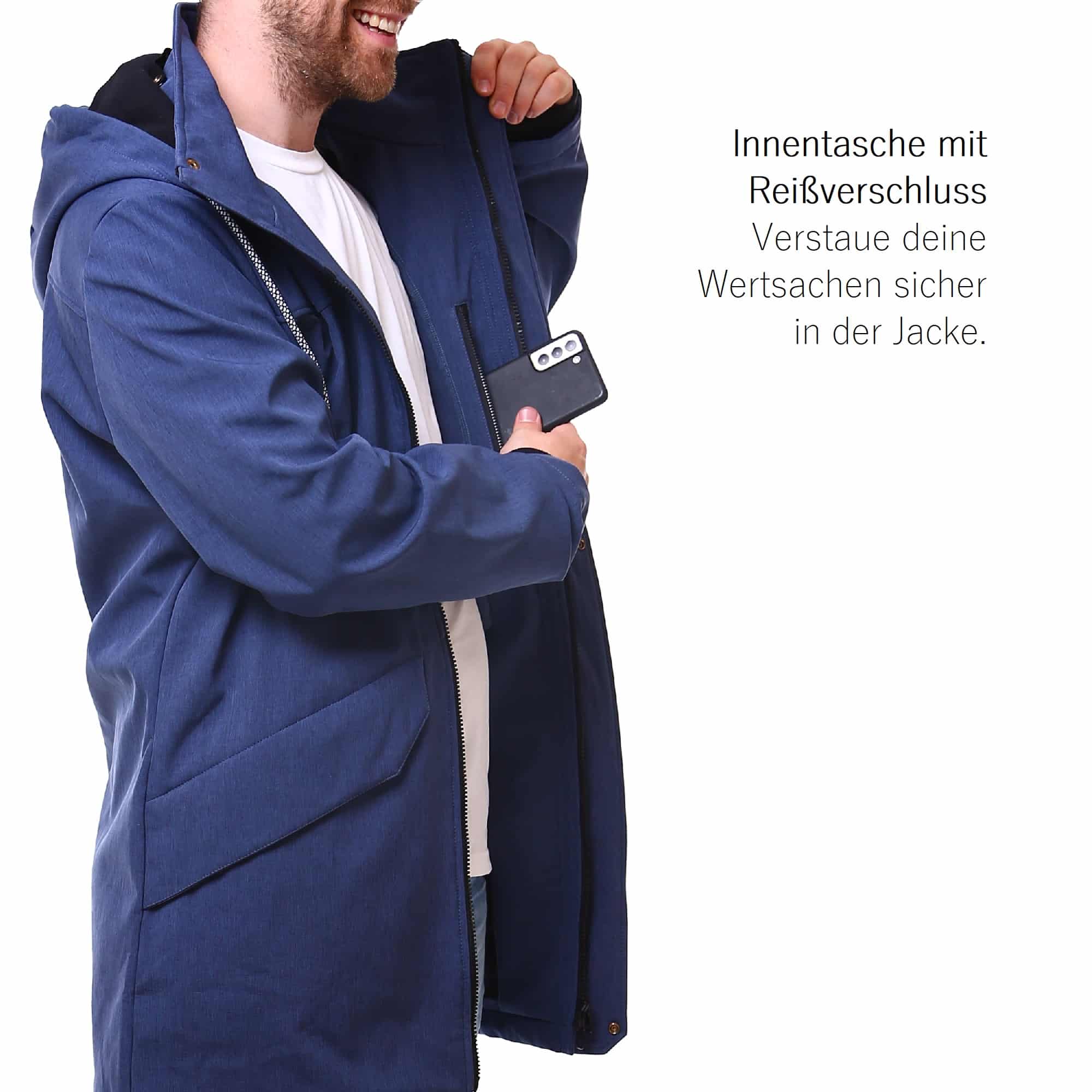 Männer Parka jeansblau PROTECTIS Mantel zum Babytragen Tragemantel aus Softshell Allwetter Tragejacke Viva la Mama