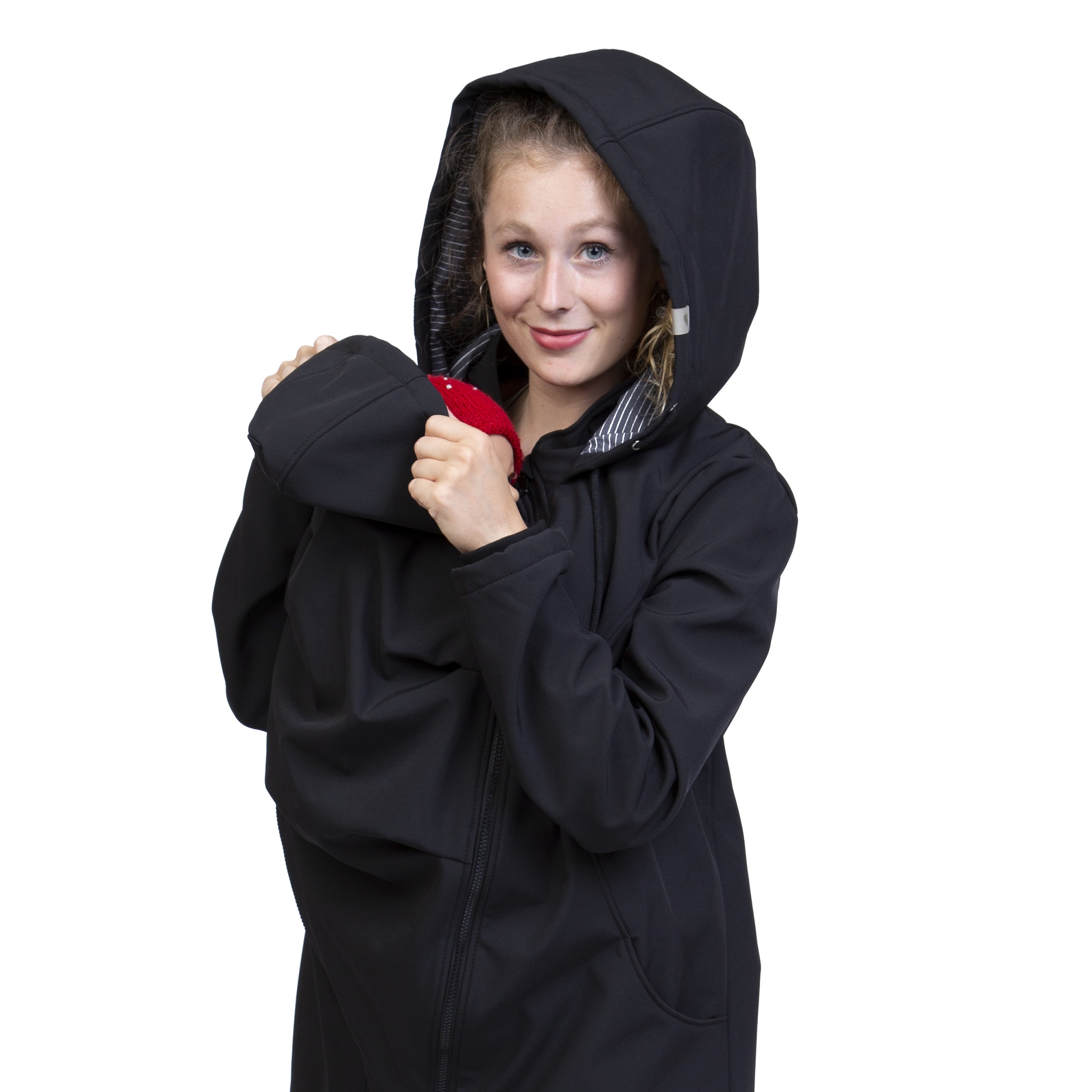 schwarze Tragejacke aus Softshell Jacke mit Babyeinsatz