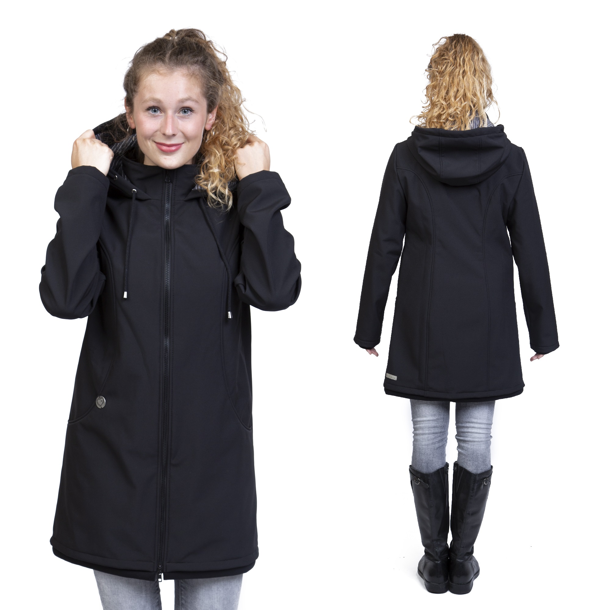 schwarze Softshelljacke mit Babyeinsatz und Schwangerschaftseinsatz