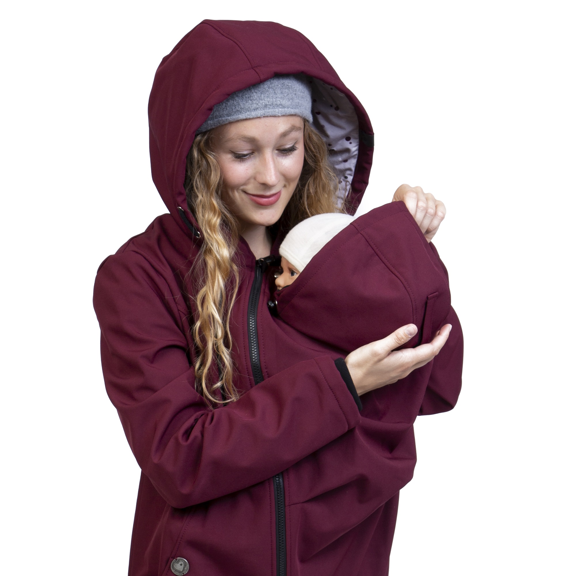 Tragejacke Allwetter aus Softshell mit Kapuze für Mama und Baby