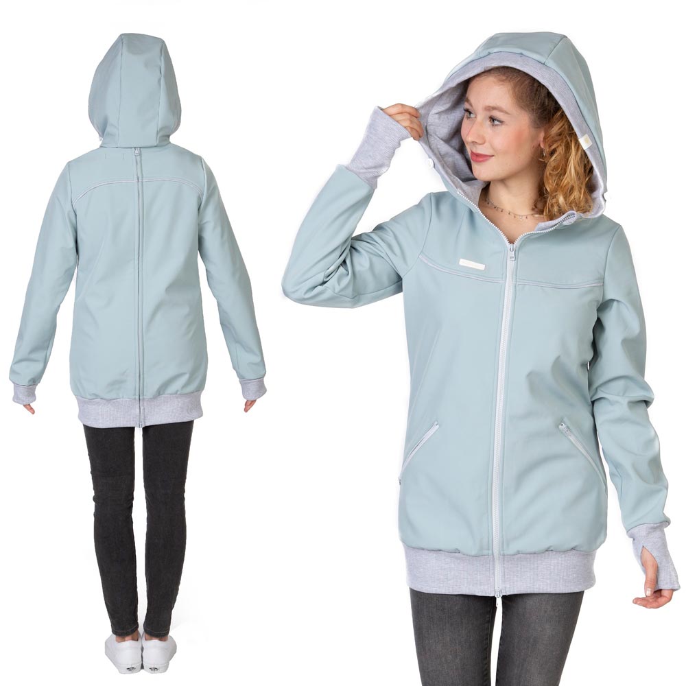Baby Tragejacke aus Softshell in Eisblau, Ansicht von vorn und hinten ohne Jackeneinsatz