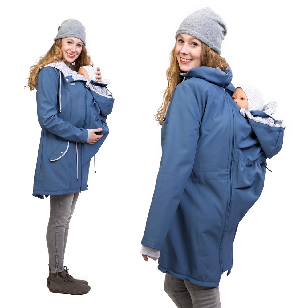 Baby Tragejacke aus Softshell, in Blau, zum vorn und auf dem Rücken tragen, Regenjacke, Allwetterjacke