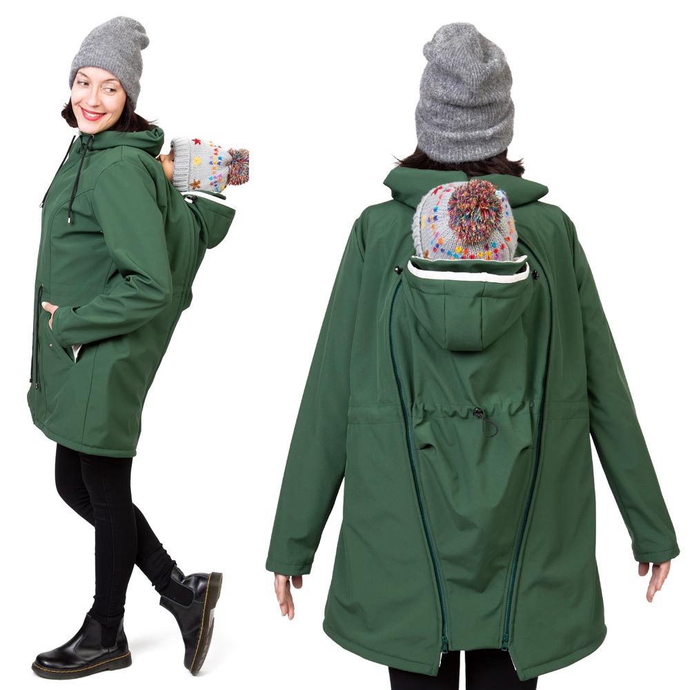 Tragejacke Baby Rückentragejacke aus Softshell in Waldgrün (Baby-Einsatz hinten eingezippt)