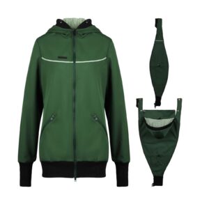 Softshell Tragejacke für Mamas zum Babytragen, mit 2 Einsätzen (in Waldgrün, Frontansicht)