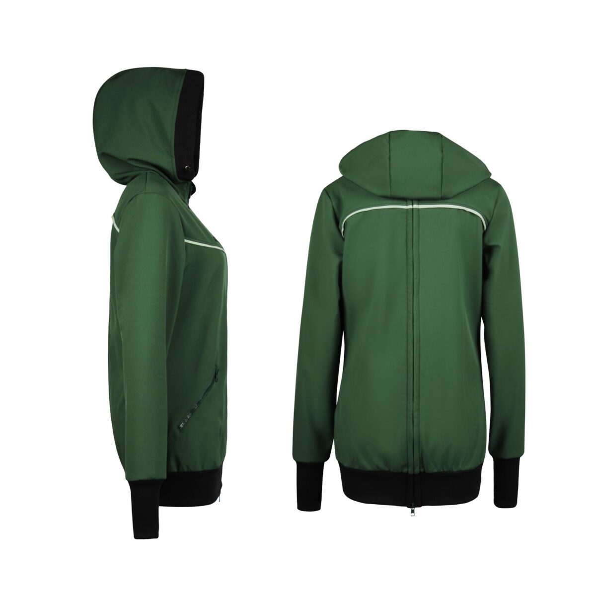 Baby Tragejacke aus Softshell (in Waldgrün, Seiten- und Rückenansicht)