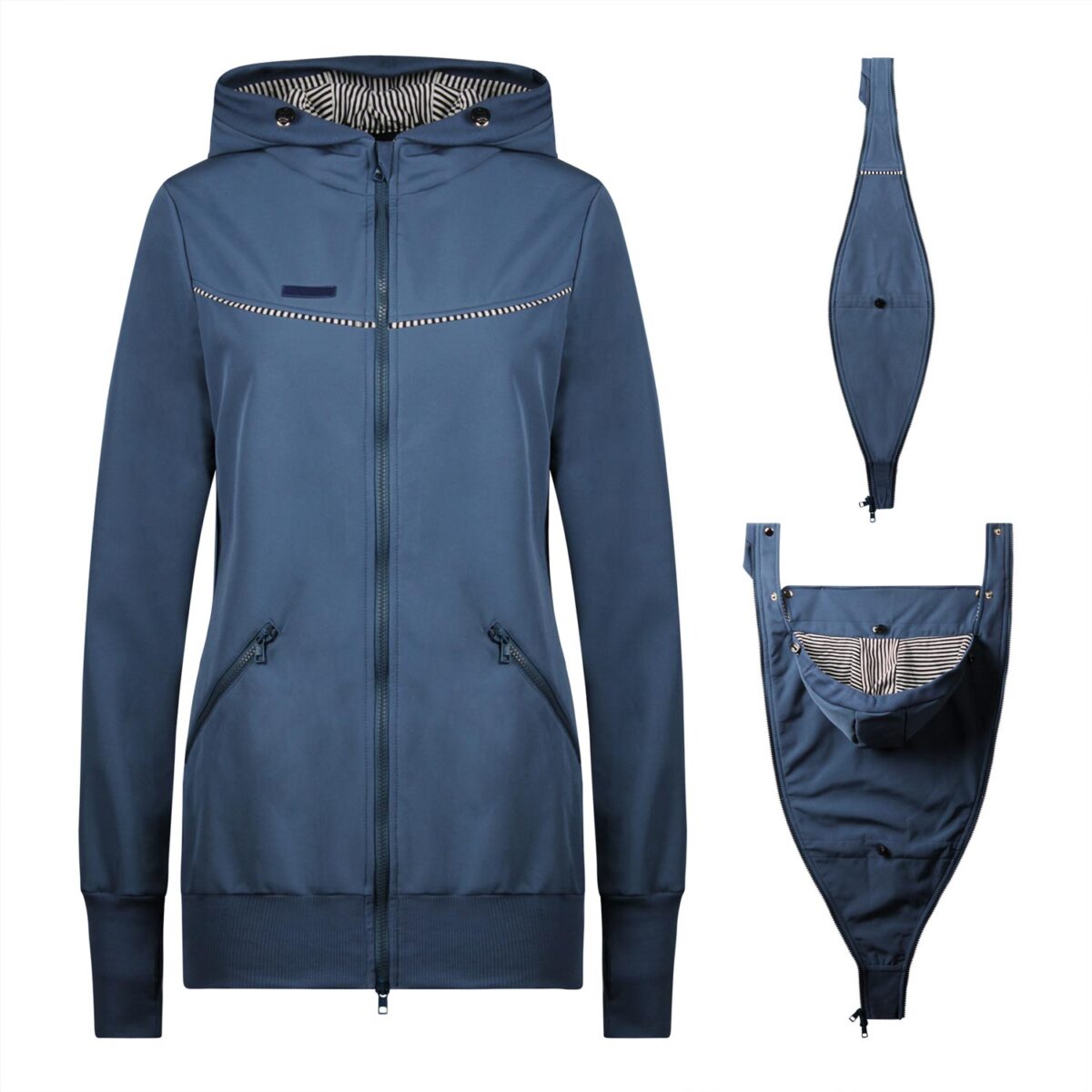 Allwetter Tragejacke Baby aus Softshell in Schieferblau mit 2 Jackeneinsätzen