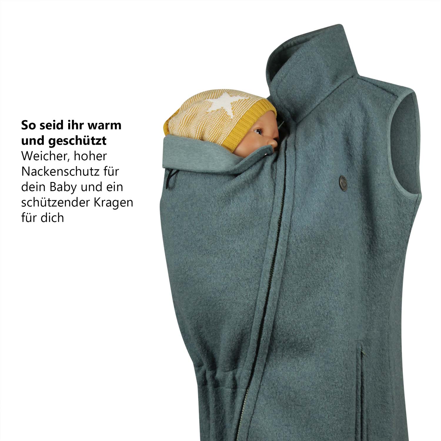 Einsatz mit Nackenschutz fürs Baby und hohem Kragen für Mama