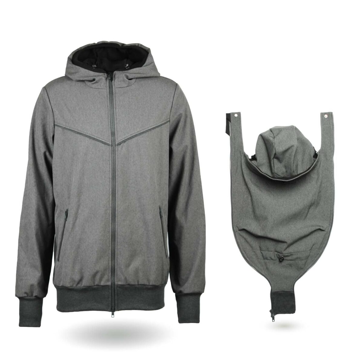 Baby Tragejacke für Männer, graue Softshell-Jacke mit Einsatz für Babytrage