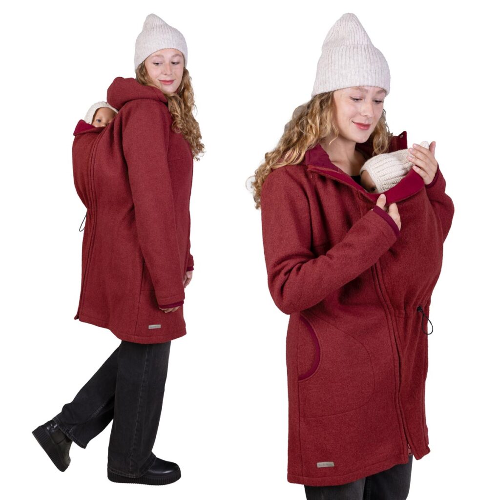 Baby Tragejacke aus Wolle in Rot/Terra zum vorn und hinten tragen