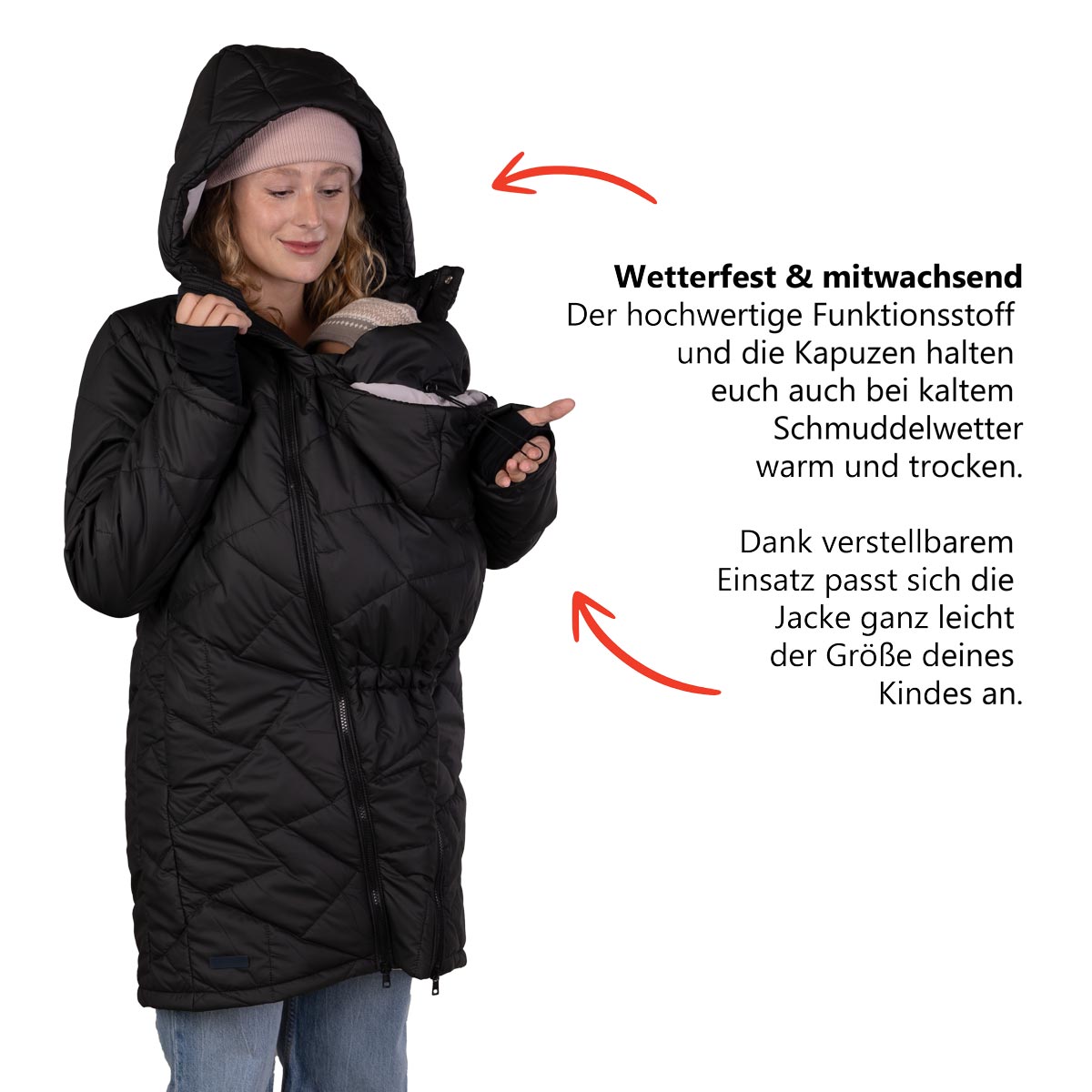 schwarze Winter Tragejacke Baby mit Kapuzen und Regulierungen am Einsatz